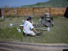 Researcher adjusting equipment